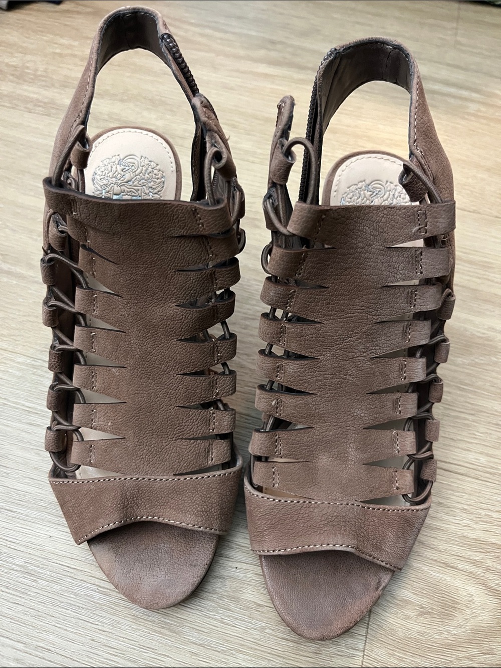 Vince Camuto Taupe Brown Leather Cutout Slingback Heels